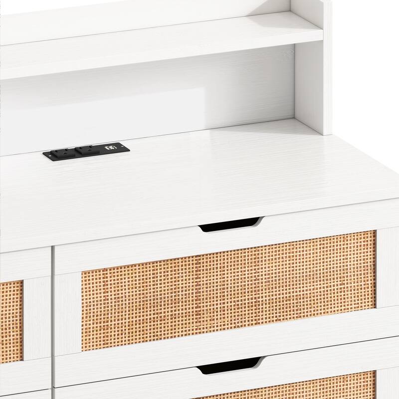 White Rattan Drawer Storage Cabinet with LED Lights and Power Outlet, Great for Bedroom and Living Room, 43.31" Size