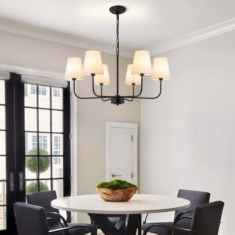 6-Light Metal Chandelier with White Linen Shades