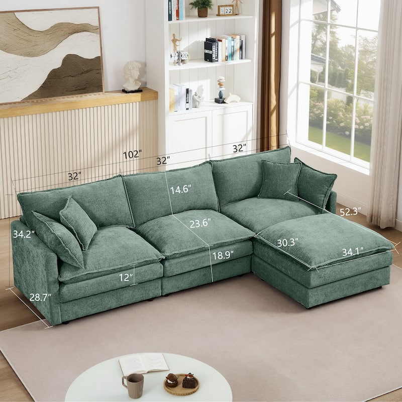 L Shaped Modular Sectional Sofa with Movable Ottoman, Comfy Chenille Upholstered Cloud Sofa, 3 Seater Sofa with Pllows
