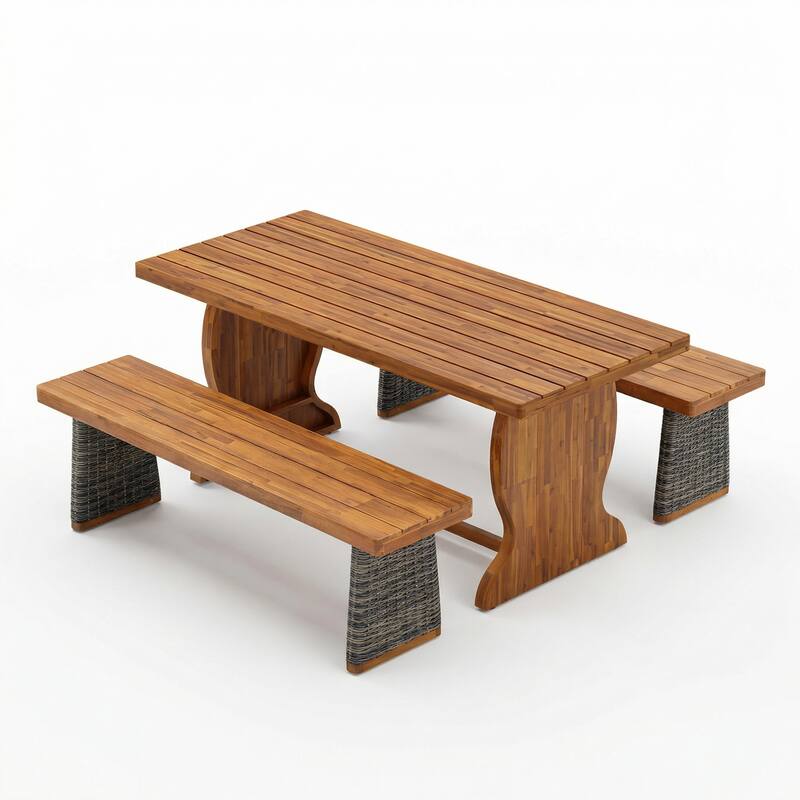 Christopher Knight Home - 3-Piece Outdoor Acacia Wood Dining Set with 2 Woven Ratan Leg Benches & 70" Solid Wood Dining Table