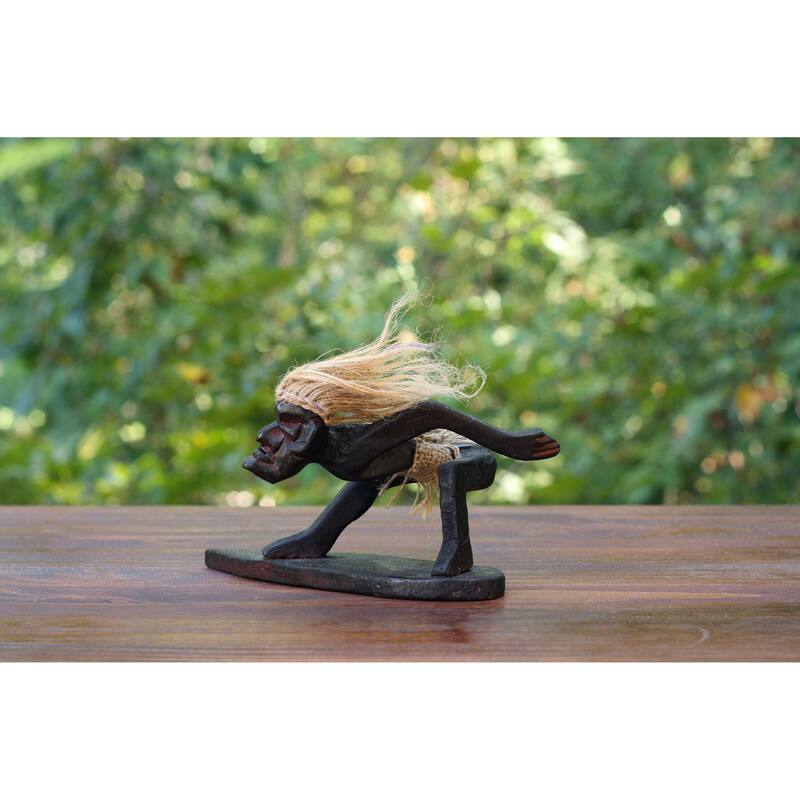 Handmade Wooden Primitive Tribal Funny Statue Surfing Sculpture Tiki Bar Figurine Hand Carved Surf