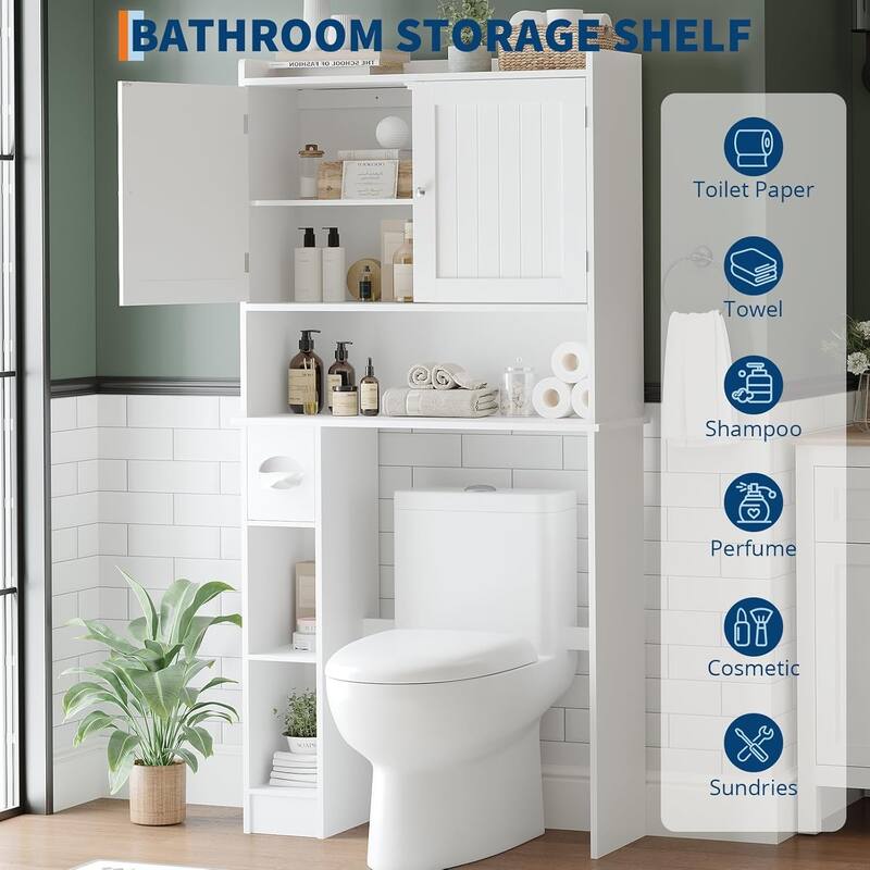 Over The Toilet Storage Cabinet Double Door Bathroom Organizer with Adjustable Shelves, Toilet Paper Holder
