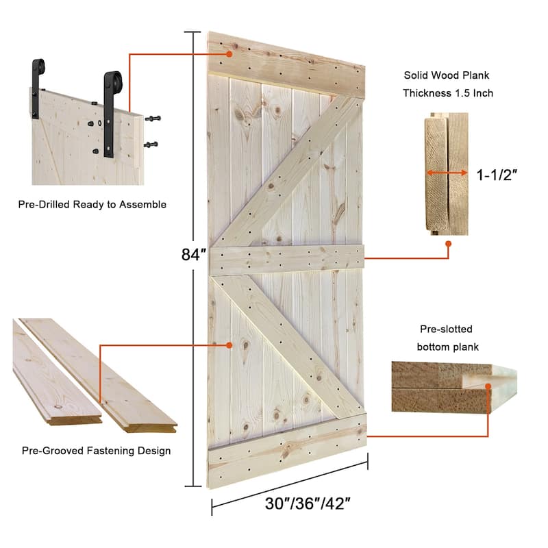K1 Series Paneled Wood Barn Door with Installation Hardware Kit