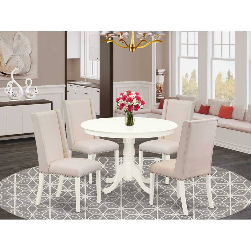 HomeStock 5-Piece Linen White Finish Solid Wood Top Dining Table with 4 Parson Chair with Lattice Back