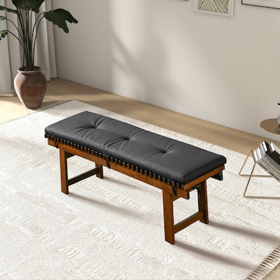 RetroLux 59" Wide Wood Vegan Leather Upholstered Dining Bench