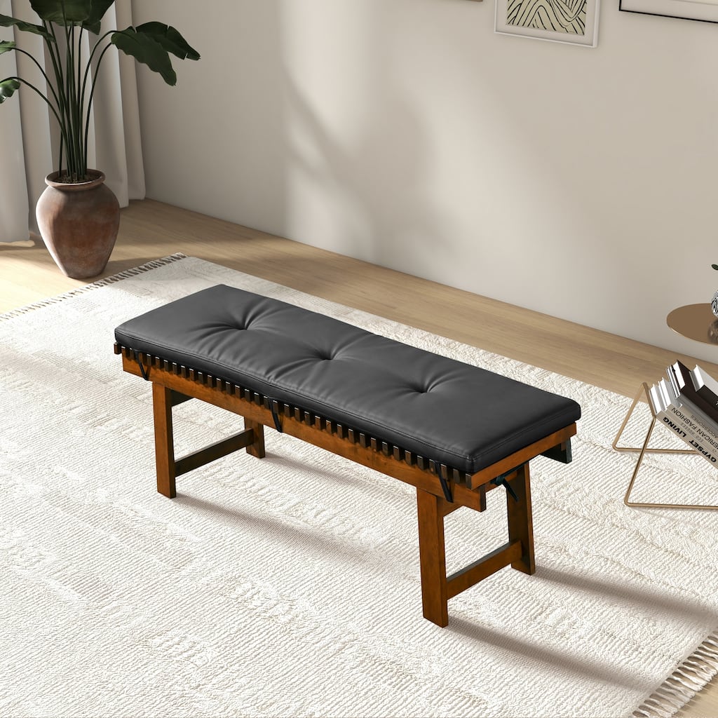 RetroLux 59" Wide Wood Vegan Leather Upholstered Dining Bench