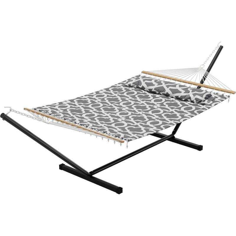 Outdoor Portable 475lbs Capacity Double Hammock with Stand for Patio Backyard Poolside - Light Grey