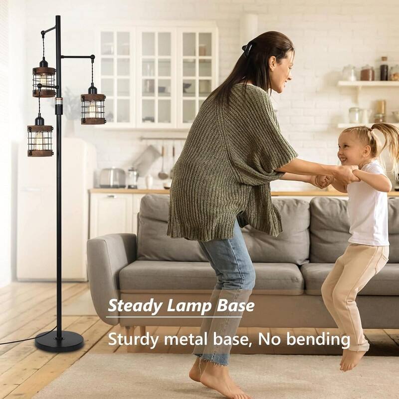 Airposta Dimmable Industrial Floor Lamp - 3-Light Wood & Metal Cage Floor Lamp
