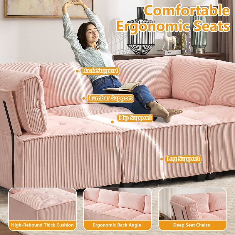 Ergonomic Lounge Modular Couch Corduroy Sectional Sofa with Deep Seat Ottoman Chaise and High-Rebound Thick Cushions