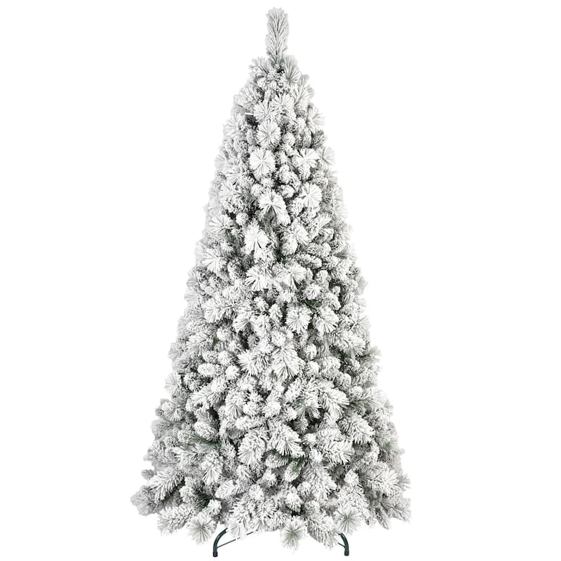 8FT Flocked Christmas Tree with 600 Warm White LED Lights-1445 Tips,Snowy PVC & Hard Needle Branches,Hinged Design,Metal Stand