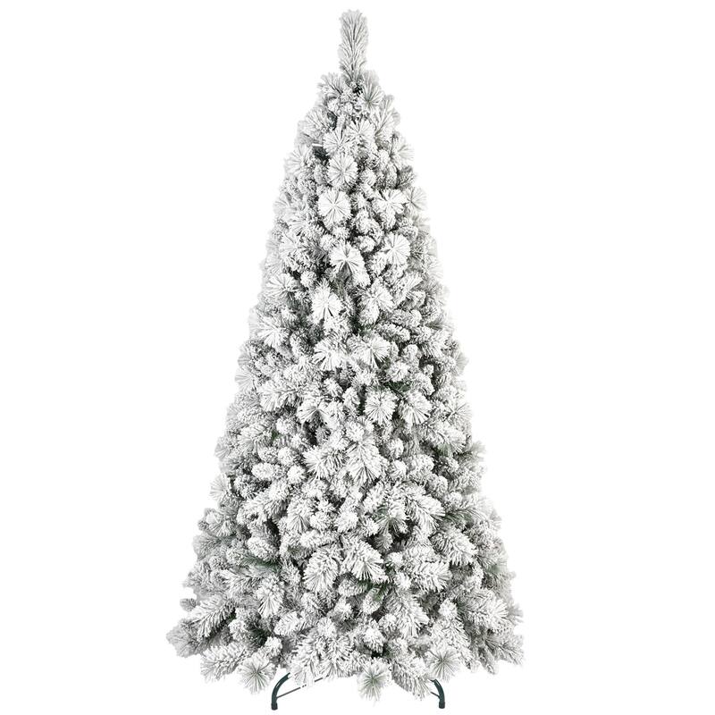 Flocked Artificial Christmas Tree - Snowy PVC & Hard Needle Branches, Hinged Structure, Metal Stand - Green,White