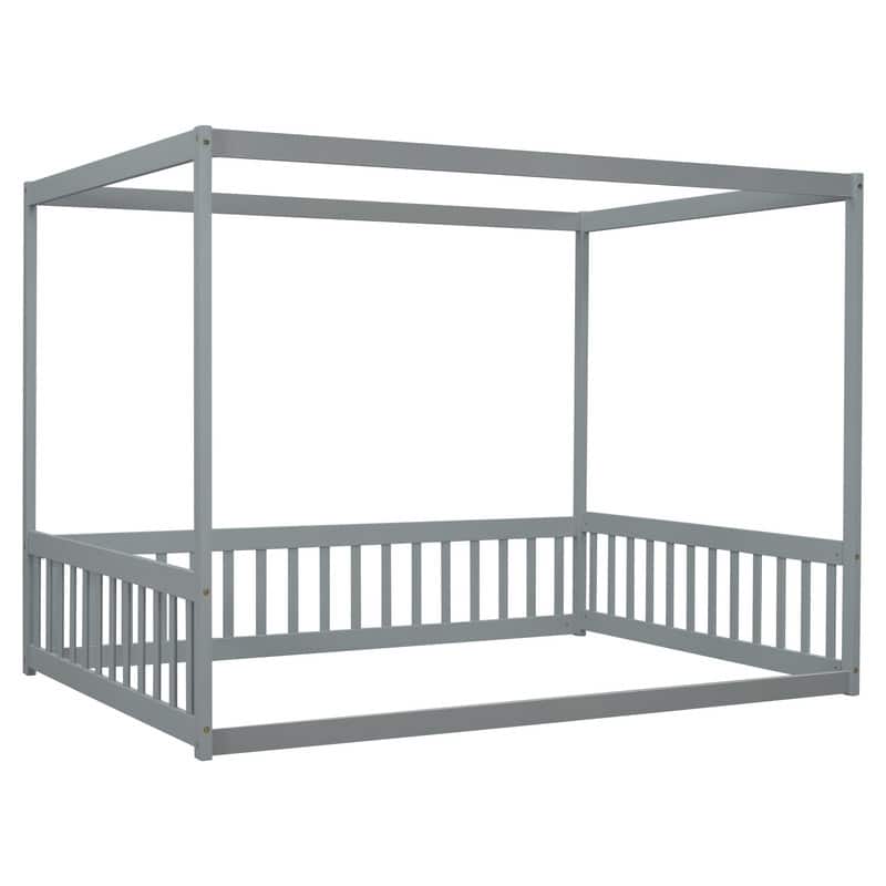 Full Size Wood Canopy Bed with Guardrails,Floor Bed For Kids