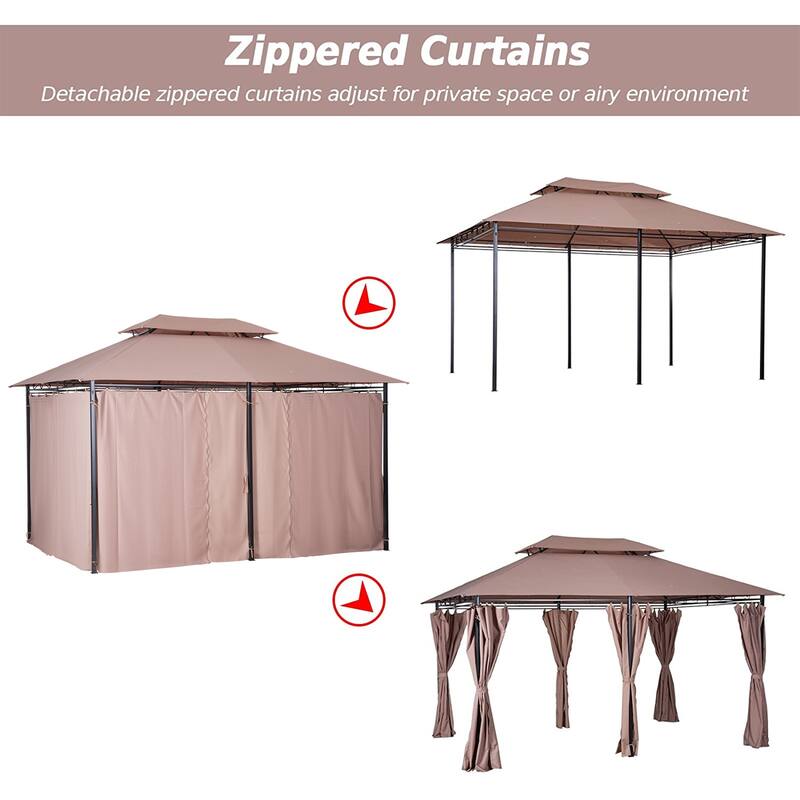 10'x13' Outdoor Patio Gazebo with Vented Roof, Curtains & Steel Frame for Garden, Lawn, Backyard - Khaki
