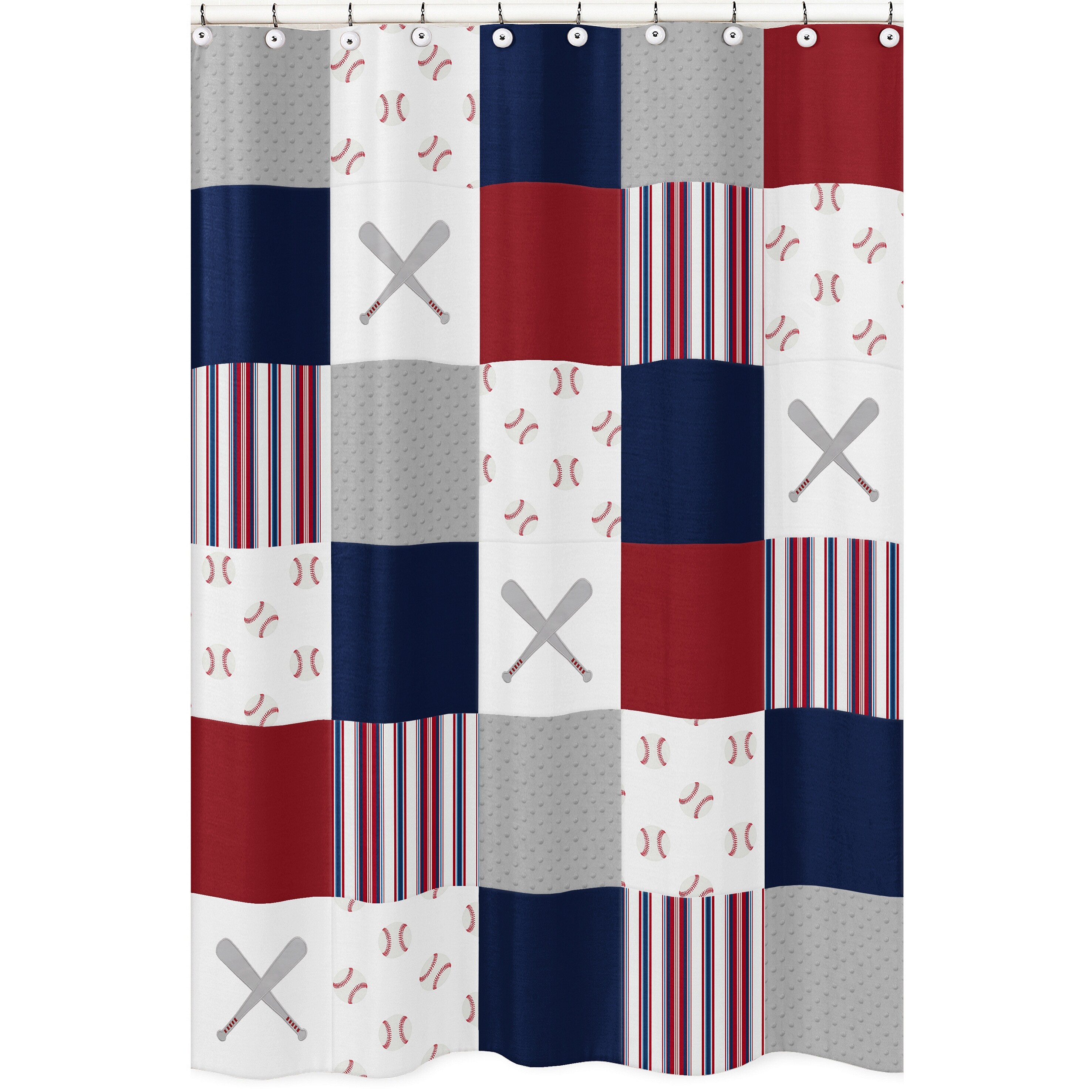 Red and blue store shower curtain