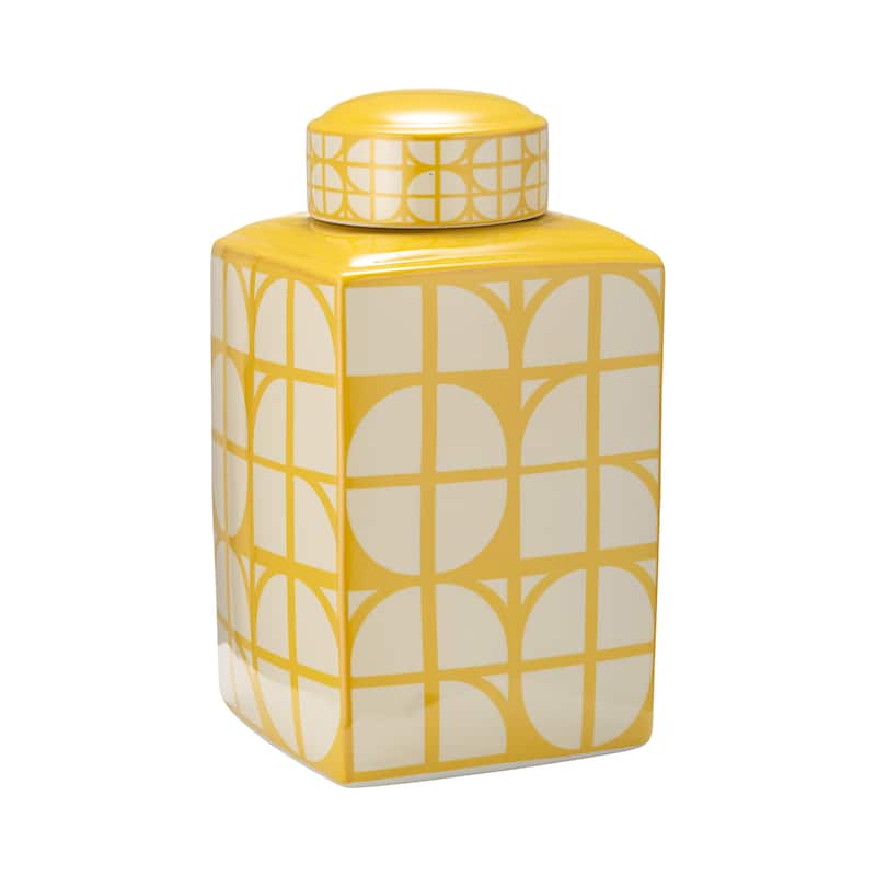 Sagebrook Home Ceramic Square Jar with Lid - 9" x 9" x 16" - Abstract Yellow