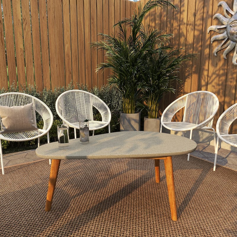 Gray Concrete Inspired Oval End Table Outdoor Accent Table with Brown Tapered Wood Legs