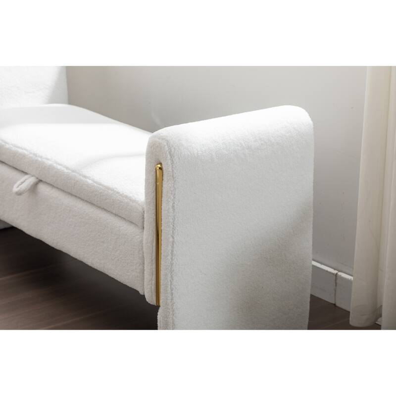 53" Storage Bench, Teddy Fabric Entryway Bench Upholstered Ottoman Bench with Gold Metal Trim Strip for Bedroom