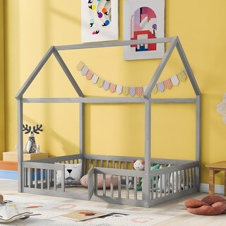 Full Size Montessori House Bed for Kids Boys Girls, Wooden Floor Bed with Fence Railings & Door, Easy Assembly, Grey