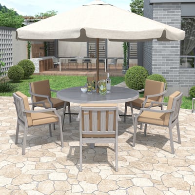 6-Person Outdoor Dining Set Wooden Umbrella Hole Removable Cushions Antique Gray