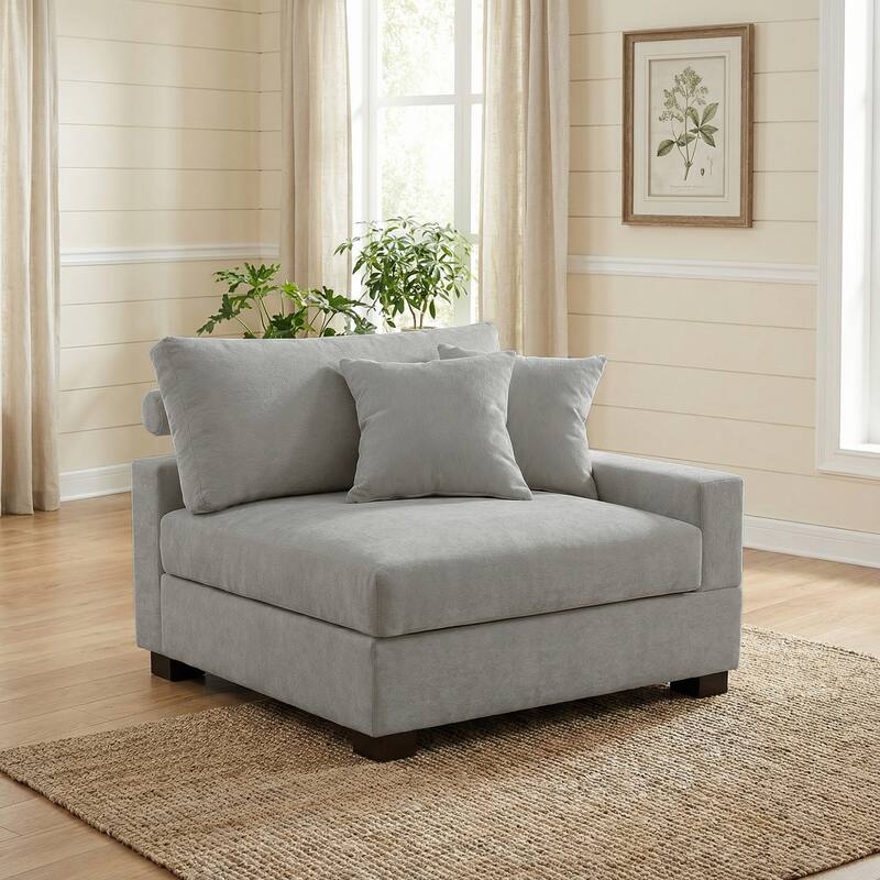 Plush Chenille Single Modular Sectional Sofa Chaise with Pillows - Grey-Sofa R - Right Facing