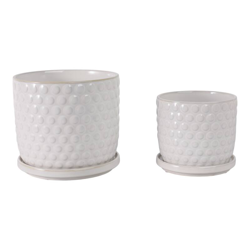 Ceramic Planters with Textured Bubble Surface and Saucers (Set of 2) - 8" x 8" x 7"