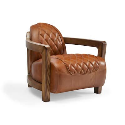 Pasargad Home Ethan Genuine Leather Armchair with Solid Wood Armrests - W28.3"xD38.5"xH27.56"