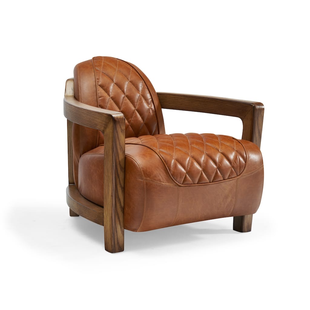 Pasargad Home Ethan Genuine Leather Armchair with Solid Wood Armrests - W28.3"xD38.5"xH27.56"