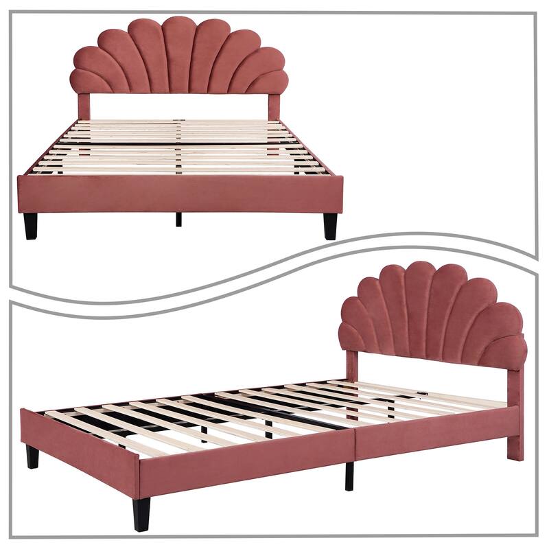 Stylish Unique Velvet Upholstered Platform Bed Frame with Flower-Shaped Headboard