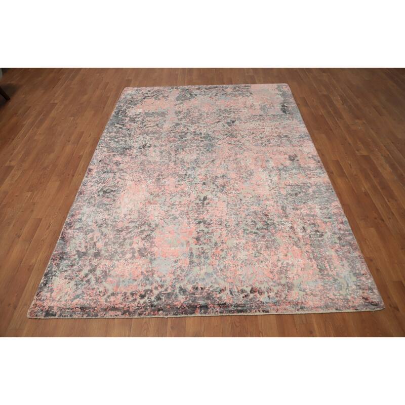 Hand Knotted Oriental Viscose Silk Carpet Modern All-Over Coral Abstract Area Rug - 8' 1'' X 5' 7''
