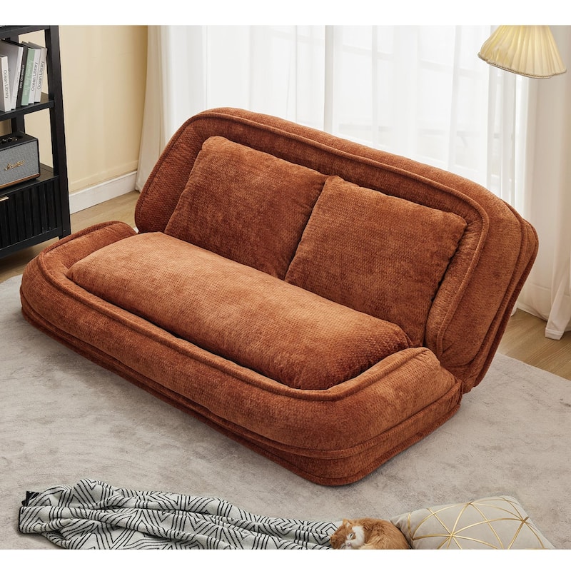Pet Friendly Lazy Loveseat Sofa 2-in-1 Chenille Floor Couch Double Human Sleeper Bed with 5 Adjustable Position, Plump Pillows