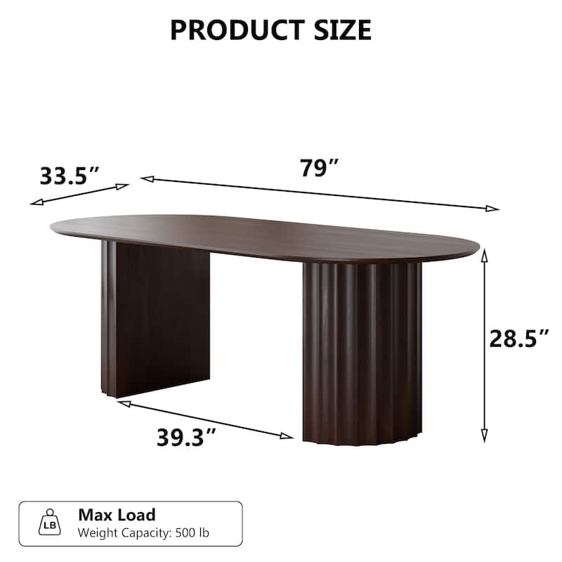 Modern Oval Wooden Dining Table - 79" Large Size, Sturdy Fluted Base, Natural Oak Finish for Dining Room