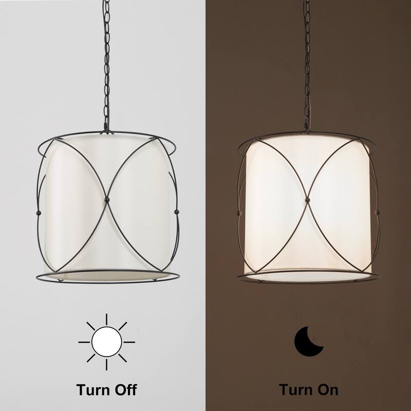 Modern Farmhouse Black Chandelier Drum Pendant Lights with Off-white Fabric for Kitchen Island - D13" X H 14"