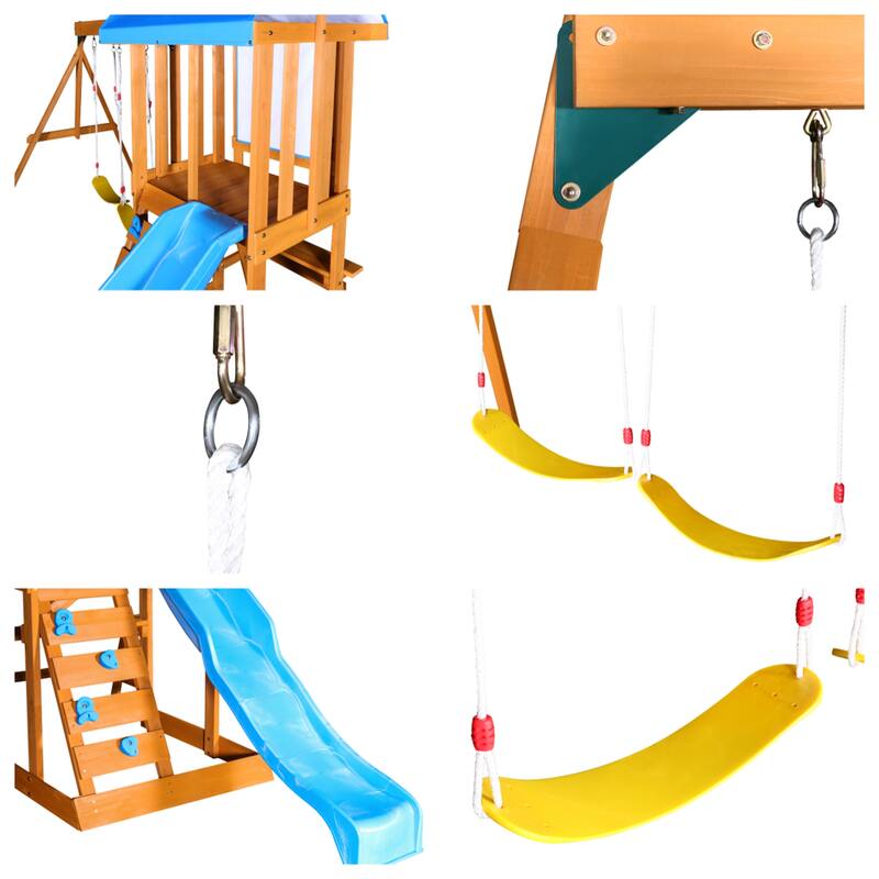 Outdoor 3 in 1 Wood Swing Set with Slide, 2 Swings and Climber