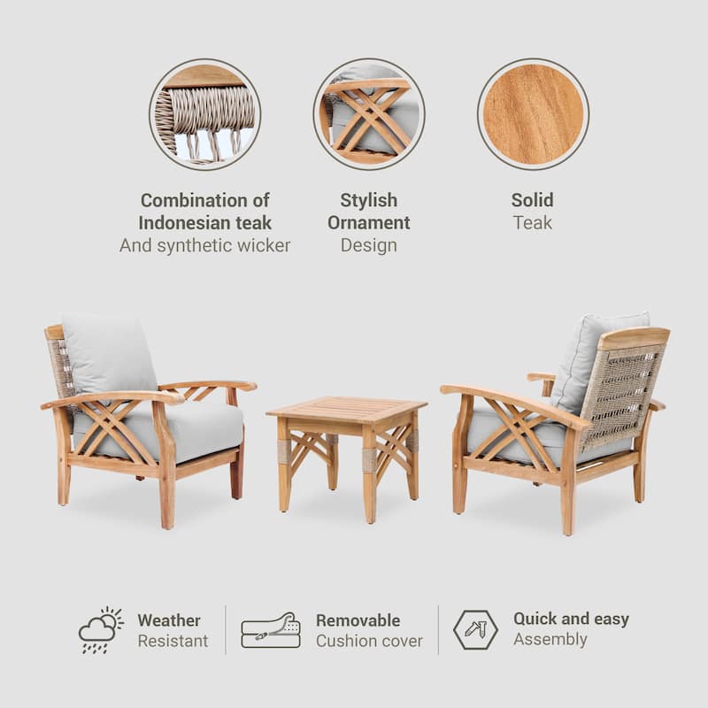 Cambridge Casual Carmel 3-Piece Teak Patio Chat Set with Cushions