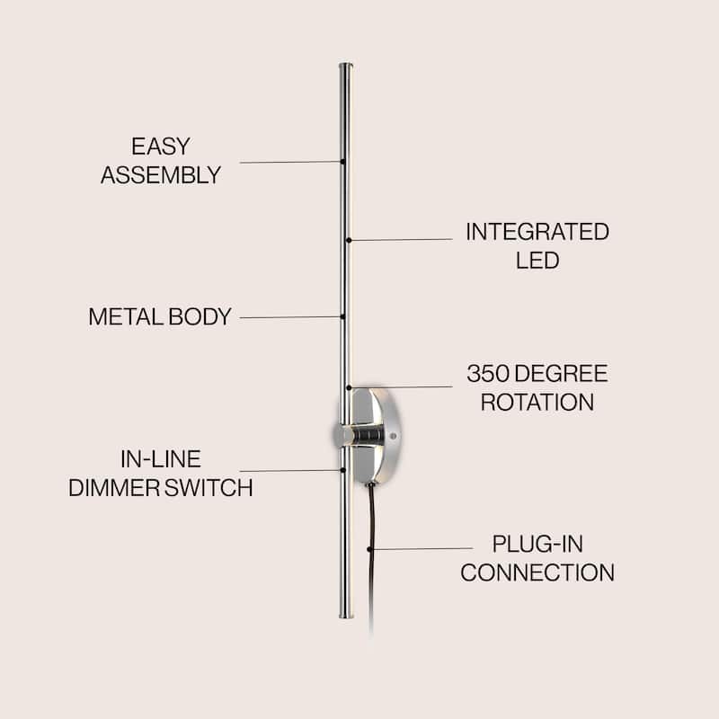 Marion 27.25" 1-Light Modern Minimalist Iron Adjustable Bar Integrated LED Plug-In Sconce, by JONATHAN Y