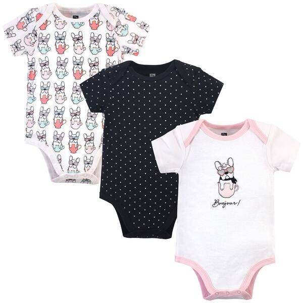slide 1 of 1, Hudson Baby Infant Girl Cotton Bodysuits 3pk, Black Bonjour 0-3 Months - Black Bonjour