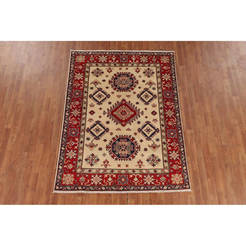 Geometric Beige Kazak Oriental Area Rug Handmade Wool Carpet - 5'0" x 6'8"