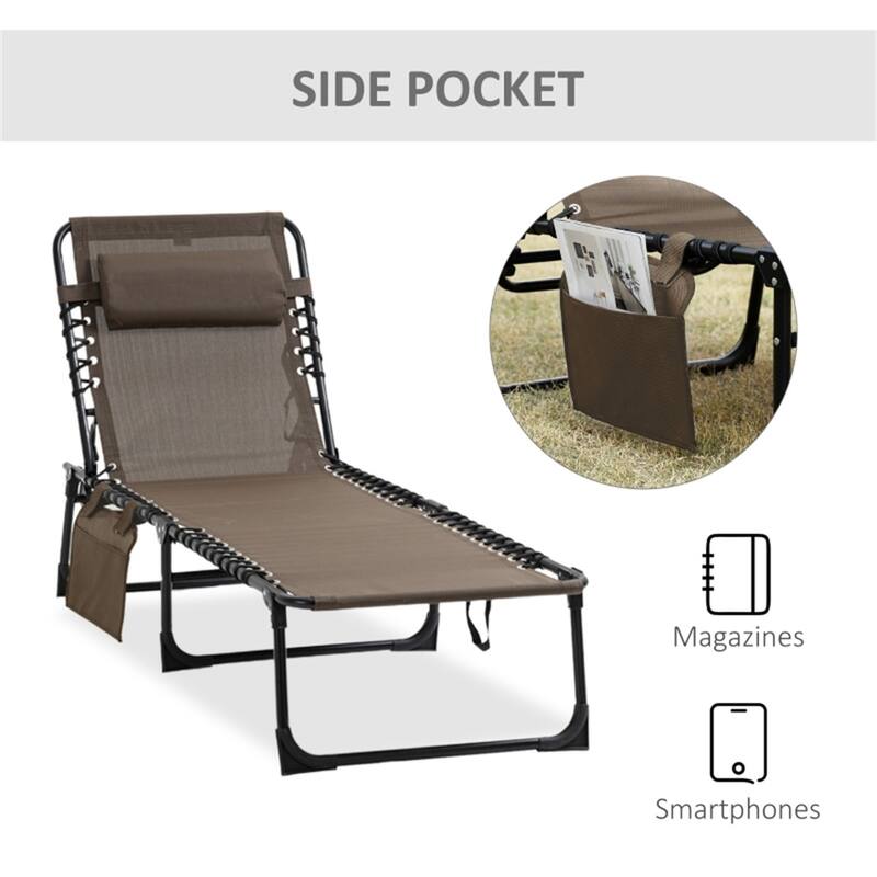 Brown Mesh Folding Lounger with Steel Frame, Adjustable Back and Pocket - 72.75" L x 22.75" W x 11.75" H