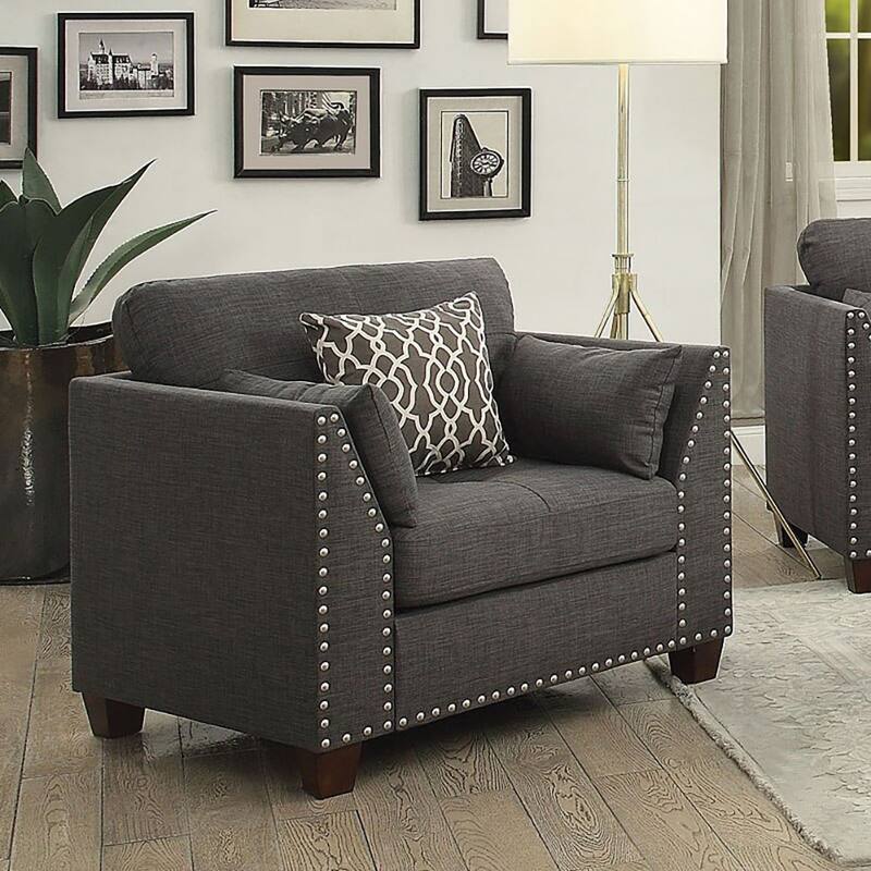 Linen Upholstered Accent Chair with 3 Pillows in Light Charcoal