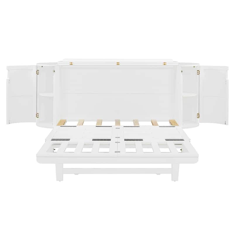 Queen Size Murphy Bed with Hidden Storage, Side Cabinets, and Woven Drawer Design, Space-Saving Foldable Bed
