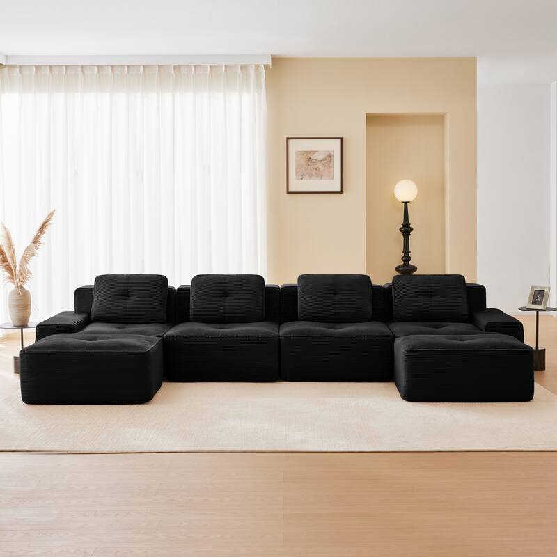 Roomfitters No Assembly Modular Sofa, 117 Inch Corduroy 3-Seater with Piping, Black