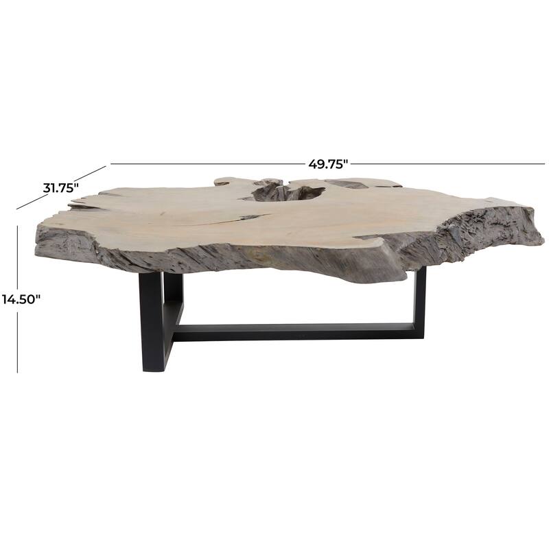 Gray Teak Wood Handmade Live Edge Wood Slab Living Room Coffee Table with Black T Stand Base