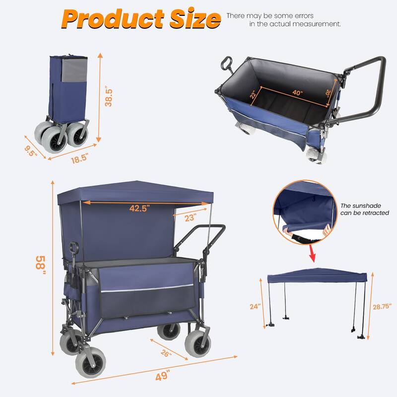 Multi-Functional Push-Pull Folding Wagon Cart with Rotating Handle & Canopy, 9"x4" Beach Tires, 300L Large Capacity
