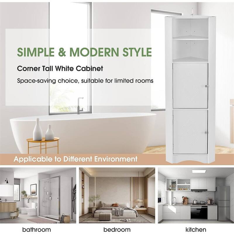 Home Tall Corner Cabinet with 2 Doors and 2 Tiers of Outside Shelves, Freestanding Storage Cabinet with Adjustable Shelves