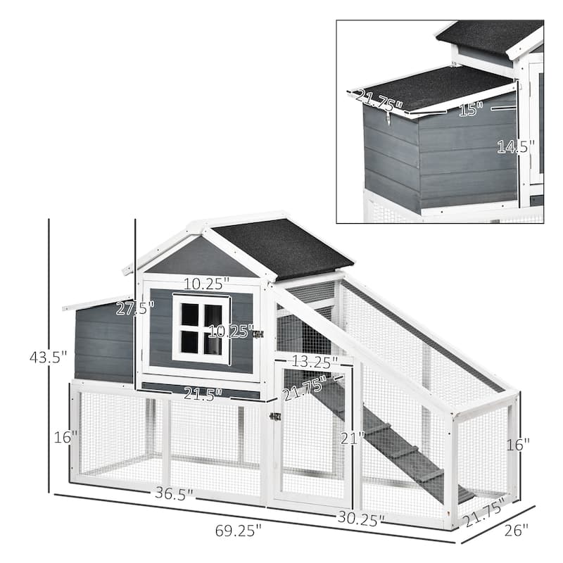 PawHut 69" Outdoor Wooden Chicken Coop Hen House with Nesting Box and Run