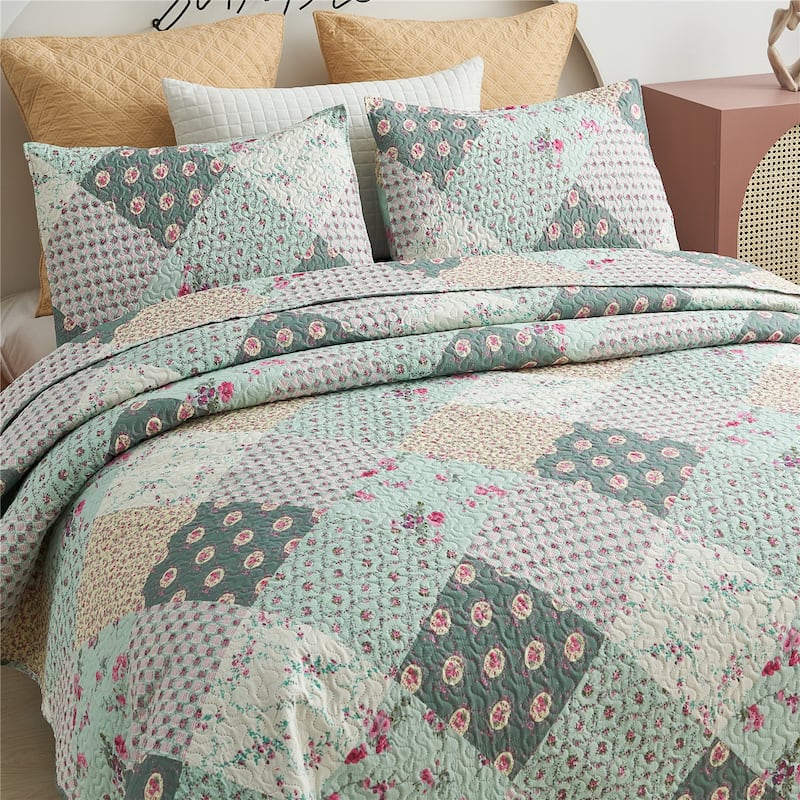 Pink Plaid Patchwork Quilt Set Bedspread