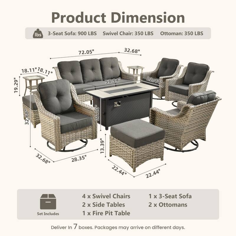 HOOOWOOO 10-piece Wicker Outdoor Patio High Back Swivel Chair Set with Fire Pit
