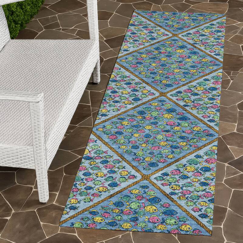 Machine Washable Indoor/ Outdoor Diamond Fish Chantille Rug - Blue - 2'3" x 7'6"