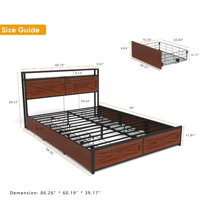 Full/Queen Bed Frame with Storage Headboard, LED Lights, Charging Station, 6 Drawers, No Box Spring Needed