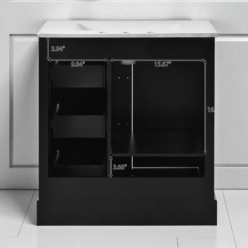 30 Inch Bathroom Vanity with Ceramic Sink, 3 Soft Close Drawers, Adjustable Shelf and Solid Wood Frame